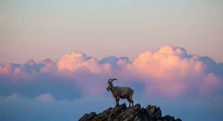 A majestic mountain goat stands atop a jagged rocky peak against a backdrop of soft pink and purple sunset clouds. The wildlife portrait captures the rugged beauty of high-altitude environments and the animal's sure-footed nature.の素材