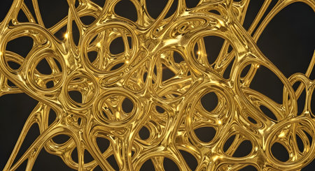 An intricate, abstract 3D structure made of gold features organic, web-like connections. The shiny, metallic surface reflects light, creating a complex and luxurious geometric design suitable for modern backgrounds.の素材