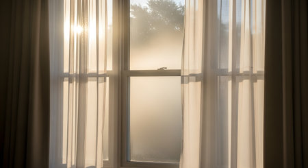 Bright sunlight streams through a window covered with sheer white curtains, casting a warm glow into the room. The glass appears slightly misted or frosted, blurring the view of trees outside and creating a soft, peaceful morning atmosphere.の素材