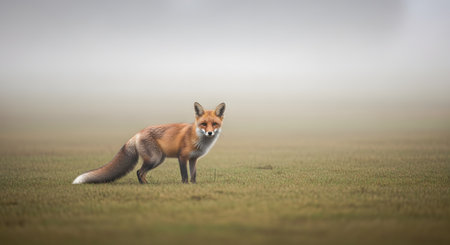 A majestic red fox stands alert in a vast, grassy field with a soft, foggy background. The image captures the wild beauty of the animal in its natural habitat, with a focus on its orange fur and attentive posture.の素材