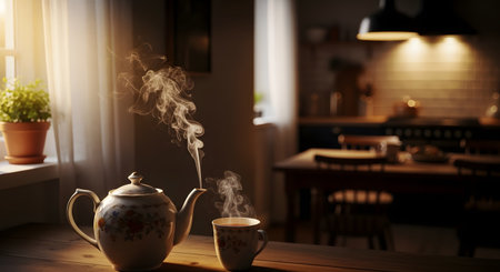 A white floral porcelain teapot and matching teacup emitting hot steam on a wooden kitchen table. Warm morning sunlight streams in from the side, creating a cozy and inviting breakfast atmosphere.の素材