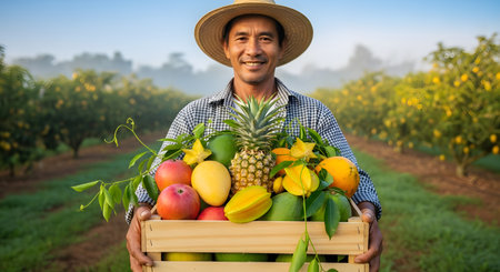 A cheerful Asian farmer in a straw hat holding a wooden crate filled with fresh tropical fruits, including mangoes, pineapples, and starfruit. He stands in a sunlit orchard, representing successful agriculture and fresh, organic produce.の素材