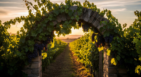 A rustic stone archway covered in lush vines and ripe purple grapes stands in a vineyard at sunset. The golden hour light illuminates the green leaves and rolling hills in the background, creating a romantic atmosphere.の素材