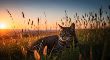 A peaceful tabby cat lies in a field of tall grass, basking in the warm glow of a golden sunset. The cat has its eyes closed in contentment, surrounded by the silhouettes of wild plants against a colorful evening sky.の素材