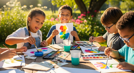 A cheerful group of diverse children sitting around a wooden table outdoors in a park, happily painting colorful pictures. Sunlight filters through the trees, illuminating their smiling faces as they engage in a creative art activity together.の素材