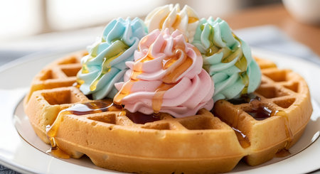 A golden brown waffle is topped with three swirls of colorful pastel whipped cream in blue, pink, and green tones. Sweet maple syrup drips down the sides, creating a fun and indulgent dessert or breakfast treat.の素材