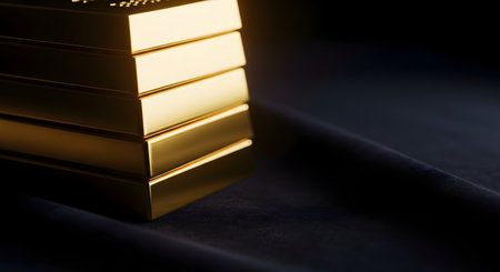 A neat stack of shiny gold bullion bars resting on a dark velvet surface, illuminated to showcase their metallic luster. This image symbolizes extreme wealth, financial stability, investment reserves, and the value of precious metals.の素材