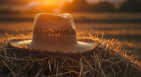 A rustic straw hat resting on a pile of dry hay in a farm field during the golden hour. The setting sun casts a warm, hazy glow over the agricultural landscape, highlighting dust motes in the air.の素材