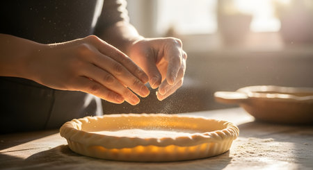 A baker's hands gently sprinkle flour over a prepared pie crust in a tart pan on a rustic wooden table. The scene is illuminated by warm, dusty sunlight, creating an atmospheric culinary moment.の素材