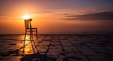 A solitary wooden chair sits on a tiled terrace, silhouetted against a dramatic and vibrant sunset sky. The scene evokes a sense of loneliness, contemplation, or peaceful solitude as the sun dips below the horizon.の素材