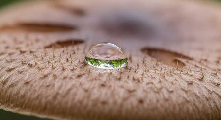 A detailed macro photograph captures a single, crystal-clear water droplet resting on the textured, brown surface of a mushroom cap. The droplet acts as a lens, reflecting the green surroundings, while the fine hairs and organic texture of the fungus are sharply focused.の素材