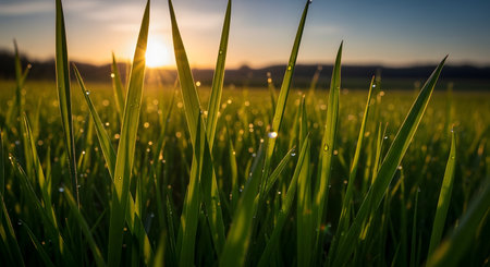 A macro shot of fresh green grass blades covered in morning dew drops, backlit by the warm golden light of a sunrise. The scene evokes a sense of freshness and tranquility in a natural meadow environment.の素材