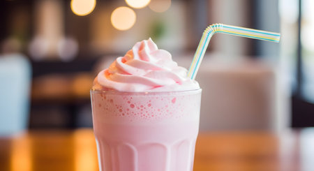 A close-up of a refreshing pink strawberry milkshake topped with a swirl of whipped cream and a colorful straw. The cold beverage sits on a wooden table in a cafe with a warm, bokeh background.の素材