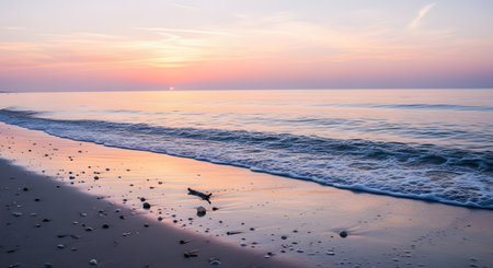 A peaceful beach landscape at sunrise with a soft pink and purple sky reflecting on the wet sand. Gentle waves wash over scattered seashells and driftwood on the shore.の素材