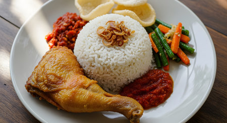 A plate of traditional Indonesian Ayam Penyet featuring fried chicken, white rice topped with fried shallots, spicy sambal, and fresh vegetables. The meal is presented on a white plate, highlighting the authentic local cuisine.の素材