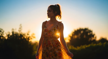 A young woman stands gracefully in a field, backlit by the warm glow of a setting sun that creates a beautiful lens flare. The image captures a mood of freedom and romance during the golden hour.の素材