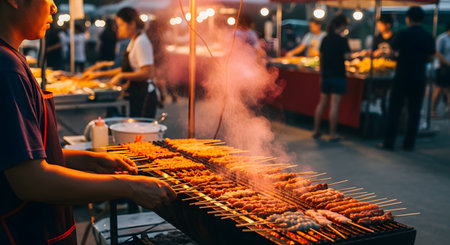 A street food vendor grills skewers of meat or satay over a smoky charcoal grill at a lively night market. The warm glow of the market lights and the rising smoke create an authentic and appetizing atmosphere of Asian street cuisine.の素材