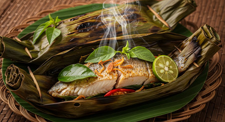 Traditional grilled fish wrapped in banana leaves, known as Pepes, is opened to reveal the steaming white meat inside. The dish is garnished with lime, basil, and fried shallots, with smoke rising to indicate freshness.の素材
