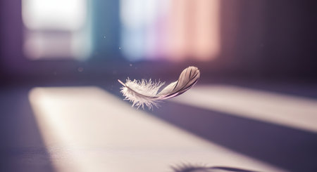 A delicate white feather floats weightlessly in the air, illuminated by a soft beam of light against a blurred background of pastel colors. The image captures a sense of lightness, purity, and tranquility, perfect for abstract or conceptual themes.の素材