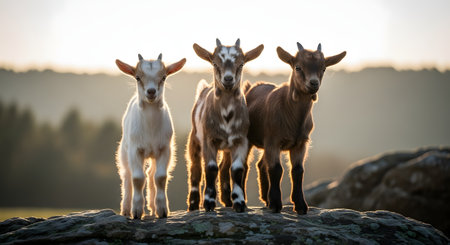 Three adorable baby goats standing together on a rock, backlit by the warm glow of a sunset. The curious animals look towards the camera, highlighting the innocence and charm of farm life.の素材