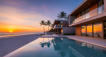A stunning modern concrete beach villa features a large infinity pool reflecting palm trees and the vibrant sunset sky. The architectural masterpiece sits directly on the white sand beach, offering a luxurious tropical escape.の素材
