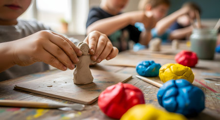 A close-up view of children's hands molding clay figures during an art class activity. Colorful balls of playdough are scattered on the wooden table as the kids focus on their creative craft.の素材