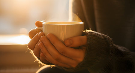 A pair of hands wrapped in a cozy sweater holds a hot, steaming cup of coffee against a backdrop of warm, glowing sunlight. The scene captures a comforting morning moment of relaxation and warmth.の素材