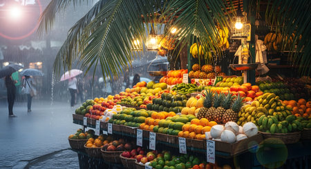 A colorful fruit stall displays piles of mangoes, pineapples, bananas, and coconuts during a heavy rain shower. The fresh produce is sheltered under an awning while rain pours down in the blurred street background.の素材