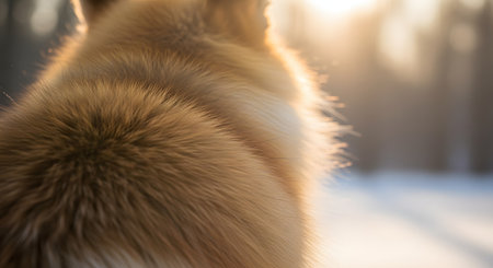 A close-up view of the back of a Golden Retriever dog, highlighting the texture of its fluffy fur. The warm backlighting from a sunset creates a soft, golden glow around the animal's coat.の素材