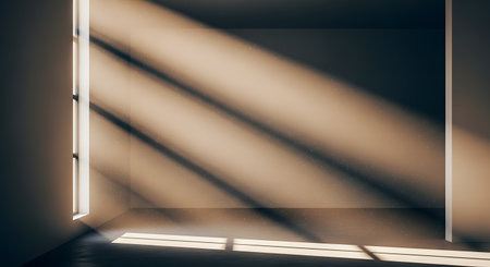 Strong shafts of sunlight stream through a window on the left, casting dramatic diagonal shadows across an empty, dark room. Dust particles float in the beams of light, creating a moody, atmospheric, and minimalist architectural scene.の素材