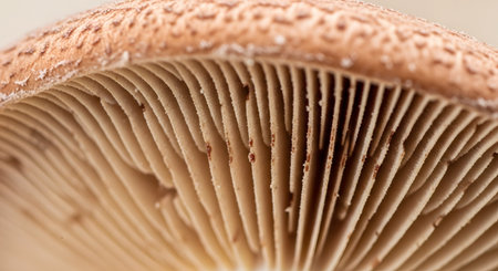 A macro close-up captures the intricate beige gills on the underside of a mushroom cap. The detailed lines and natural texture are highlighted against a soft focus background, showcasing the beauty of fungi.の素材