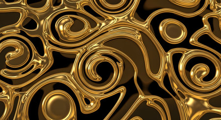 An abstract background features swirling patterns of liquid gold with a high-gloss, metallic finish. The fluid, melting design creates a luxurious and artistic texture suitable for premium design elements.の素材