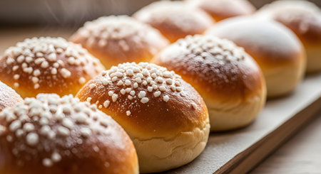 Rows of freshly baked, golden-brown buns topped with pearl sugar sit on a tray, with visible steam rising from them. The warm, appetizing image suggests a bakery setting and the comfort of homemade pastries.の素材