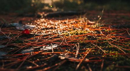 Golden morning sunlight filters through the trees, illuminating a carpet of pine needles and moss on the forest floor. The backlighting creates a magical bokeh effect, highlighting the texture and moisture of the autumn ground.の素材