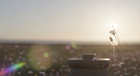 Delicate wildflowers are silhouetted against a bright, hazy sunset sky with a prominent starburst lens flare. The image evokes a sense of peace, warmth, and the beauty of nature in a meadow setting during the golden hour.の素材