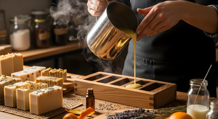 A person pours a creamy liquid soap mixture from a metal pitcher into a wooden mold during the soap-making process. Finished bars of handmade soap and natural ingredients surround the workspace.の素材