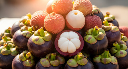 A close-up pile of fresh mangosteens and lychees, with one mangosteen open to reveal its white flesh. The contrast between the dark purple skins and red lychee shells creates an appetizing display of exotic Asian fruits.の素材