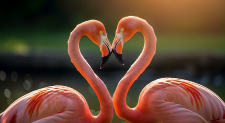 Two pink flamingos face each other, curving their long necks to form a perfect heart shape. The warm, soft backlighting highlights their feathers and profiles, symbolizing love, romance, and elegance in nature.の素材
