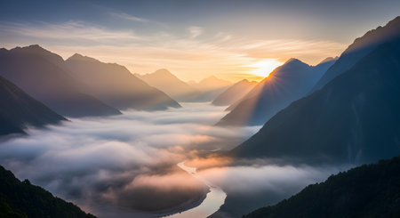 A breathtaking landscape view of a river winding through a mountain valley blanketed in low-lying fog at sunrise. The sun's rays burst over the peaks, illuminating the mist and creating a serene, majestic atmosphere.の素材