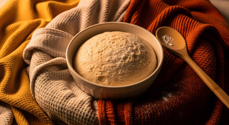 A ceramic bowl filled with rising yeast dough rests comfortably in a nest of soft, warm-colored knitted blankets. A wooden spoon dusted with flour lies nearby, capturing a cozy, homemade baking atmosphere in autumn tones.の素材