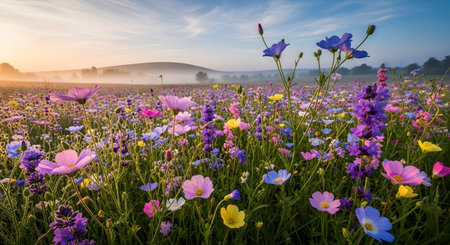 A picturesque landscape of a wildflower meadow in full bloom at sunrise, featuring pink, purple, and yellow flowers. Soft mist hovers over the distant hills and fields, creating a dreamy, serene, and colorful spring morning scene.の素材