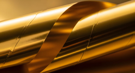 A macro shot of a twisted golden foil ribbon featuring smooth curves and high-contrast reflections. The shiny metallic surface creates an elegant and abstract texture suitable for luxury backgrounds.の素材