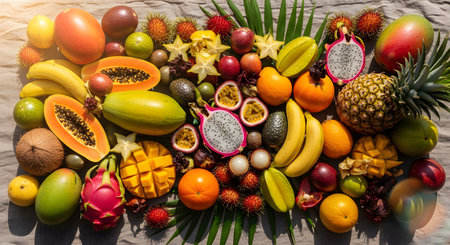 A colorful top-down view of a rich assortment of tropical fruits, including dragon fruit, papaya, mango, pineapple, passion fruit, star fruit, and rambutan. The fruits are artistically arranged on a textured grey cloth with palm leaves, representing a bountiful harvest.の素材