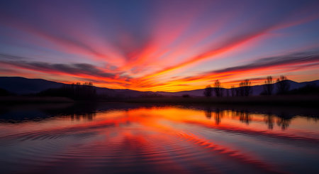 A breathtaking sunset paints the sky in vivid shades of red, orange, and purple, reflecting perfectly on the calm surface of a lake. Silhouetted hills and trees line the horizon, creating a dramatic and serene landscape.の素材