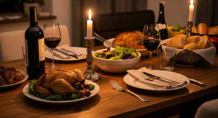 A festive holiday dinner table is set with a roasted turkey or chicken as the centerpiece, accompanied by red wine, bread, and salad. Warm candlelight creates a cozy and inviting atmosphere, perfect for a Thanksgiving or Christmas celebration.の素材