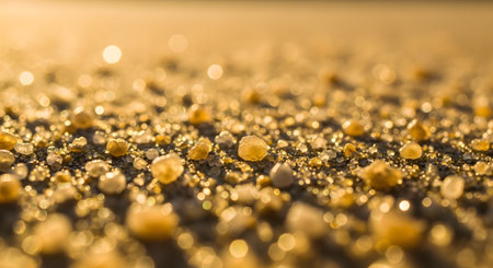A macro photograph of golden sand grains illuminated by warm sunlight, creating a sparkling effect. The shallow depth of field produces a beautiful bokeh background, highlighting the texture of the particles.の素材