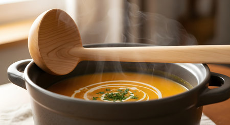 A ceramic pot filled with creamy pumpkin soup, garnished with cream and herbs, with a wooden ladle resting on top. Steam rises from the hot soup, suggesting a warm and comforting meal.の素材