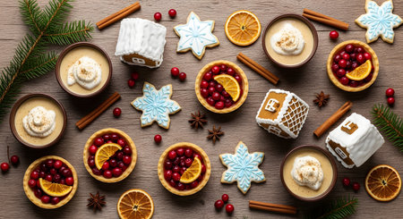 A festive flat lay of Christmas treats including gingerbread houses, snowflake cookies, and cranberry tartlets on a wooden surface. Cups of creamy eggnog and decorations like cinnamon sticks and fir branches complete the holiday table setting.の素材