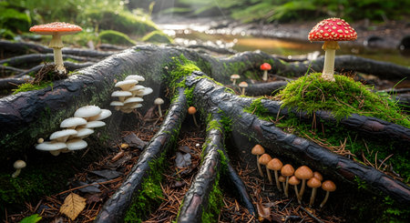 A diverse cluster of wild mushrooms, including red Fly Agarics and white fungi, growing on mossy tree roots in a forest. The scene captures the damp, rich ecosystem of the woodland floor with soft natural lighting.の素材