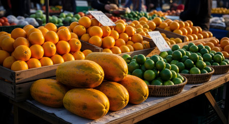 A vibrant display of fresh fruits at an outdoor market stall, featuring piles of ripe papayas, oranges, and green limes. Handwritten price tags and wooden crates add to the authentic street market atmosphere.の素材